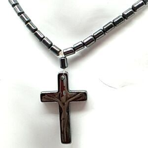 Vintage Hematite Crucifix Pendant Barrel Bead Necklace